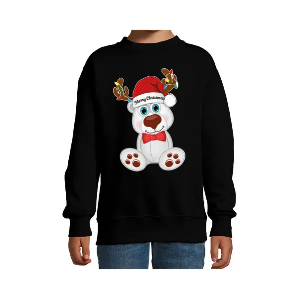 Bellatio Decorations Kersttrui - Sweater - Voor Jongens / Meisjes - Merry Christmas - Zwart - Kerst Ijsbeer 98/104 thumbnail