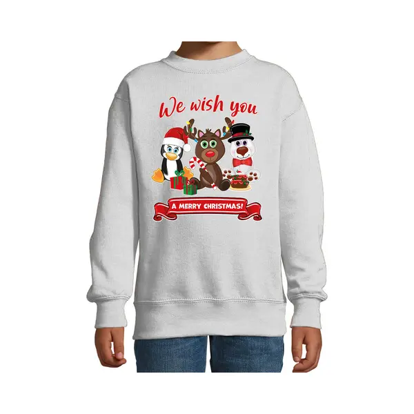 Bellatio Decorations Kersttrui/sweater Voor Jongens/meisjes - We Wish You - Grijs - Kerst Diertjes 98/104 thumbnail