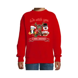Bellatio Decorations Kersttrui/sweater Voor Jongens/meisjes - We Wish You - Rood - Kerst Diertjes 134/146