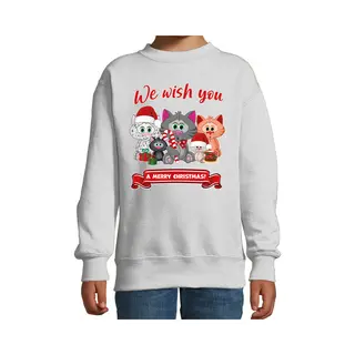 Bellatio Decorations Kersttrui / Sweater - Voor Jongens/meisjes - We Wish You - Grijs - Kerst Poesjes - Katten - Dieren 98/104