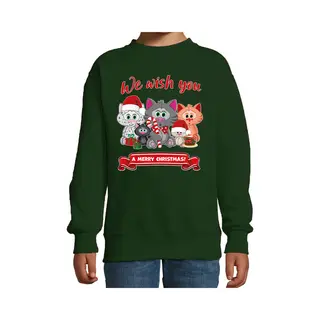 Bellatio Decorations Kersttrui / Sweater - Voor Jongens/meisjes - We Wish You - Groen - Kerst Poesjes - Katten - Dieren 134/146