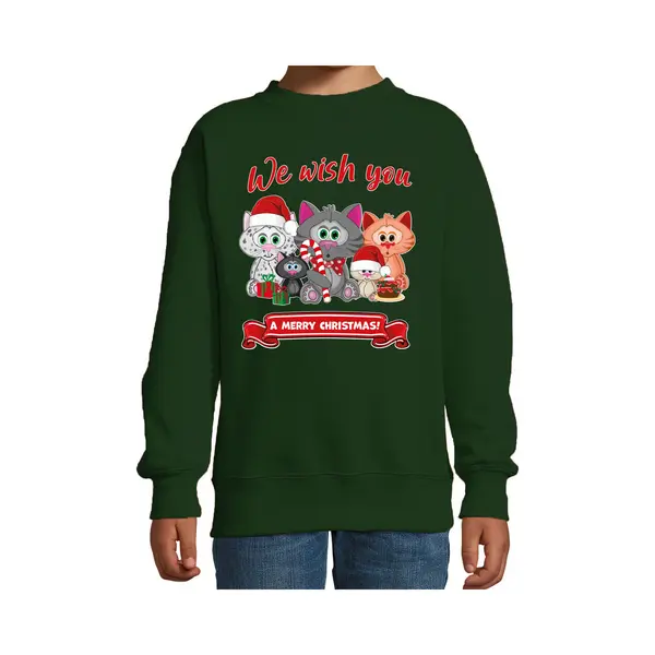 Bellatio Decorations Kersttrui / Sweater - Voor Jongens/meisjes - We Wish You - Groen - Kerst Poesjes - Katten - Dieren 134/146 thumbnail