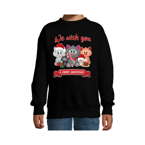 Bellatio Decorations Kersttrui / Sweater - Voor Jongens/meisjes - We Wish You - Zwart - Kerst Poesjes - Katten - Dieren 134/146 thumbnail