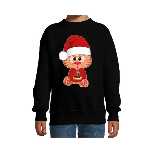 Bellatio Decorations Kersttrui/sweater Voor Jongens/meisjes - All I Want - Taartje - Zwart - Kerst Poesje 170/176 thumbnail
