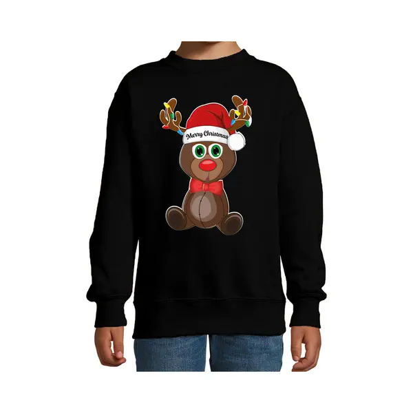 Bellatio Decorations Kersttrui/sweater Voor Jongens/meisjes - Merry Christmas - Zwart - Kerst Rendier 98/104 thumbnail