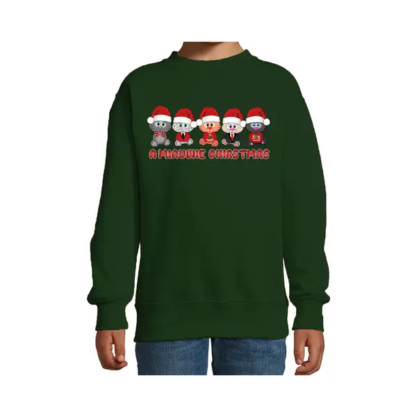 Bellatio Decorations Kersttrui/sweater Voor Jongens/meisjes - Miauwie Christmas - Groen - Kerst Poesjes 134/146 thumbnail