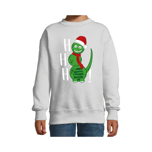 Bellatio Decorations Kersttrui/sweater Voor Jongens/meisjes - Hohoho - Grijs - Sneeuwpop Dino 152/164 thumbnail