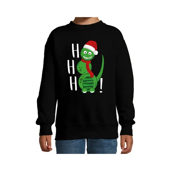 Bellatio Decorations Kersttrui/sweater Voor Jongens/meisjes - Hohoho - Zwart - Sneeuwpop Dino 134/146 thumbnail