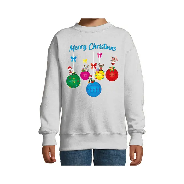 Bellatio Decorations Kersttrui/sweater Voor Jongens/meisjes - Grijs - Rendiertjes - Merry Christmas 110/116 thumbnail