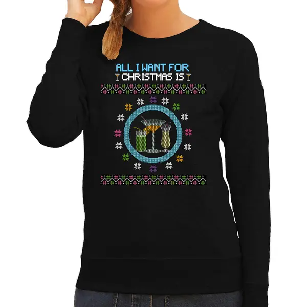 Bellatio Decorations Foute Kersttrui/sweater Voor Dames - All I Want Is Cocktails - Zwart - Kerst Cadeau L thumbnail
