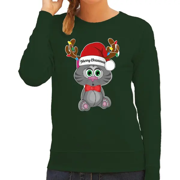 Bellatio Decorations Foute Kersttrui / Sweater Voor Dames - Merry Christmas - Groen - Kerstpoesje Xxl thumbnail