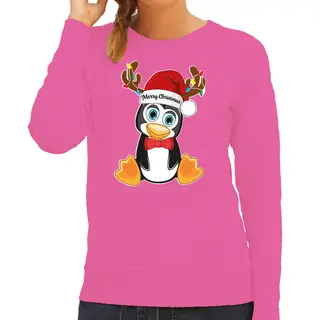 Bellatio Decorations Foute Kersttrui/sweater Voor Dames - Merry Christmas - Roze - Kerst Pinguin S