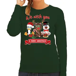 Bellatio Decorations Foute Kersttrui Sweater - Voor Dames - We Wish You - Groen - Kerst Dieren - Kerst Cadeau Xxl
