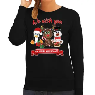 Bellatio Decorations Foute Kersttrui Sweater - Voor Dames - We Wish You - Zwart - Kerst Dieren - Kerst Cadeau Xxl