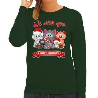 Bellatio Decorations Foute Kersttrui / Sweater Voor Dames - We Wish You - Groen - Kerst Katjes - Dieren Xs
