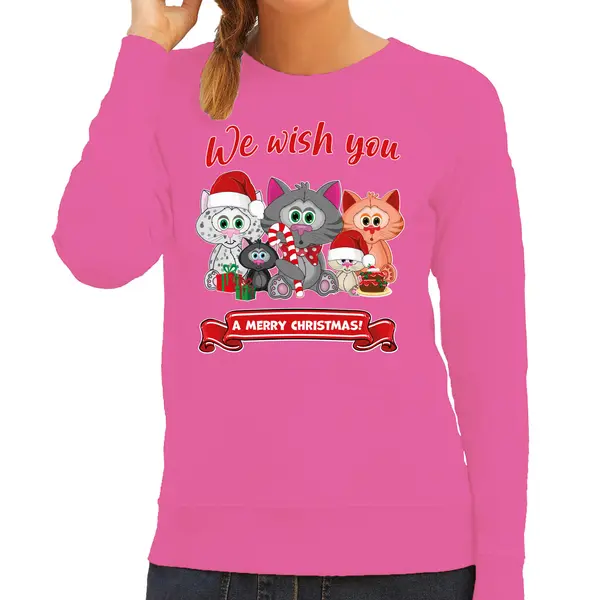Bellatio Decorations Foute Kersttrui / Sweater Voor Dames - We Wish You - Roze - Kerst Katjes - Dieren Xxl thumbnail