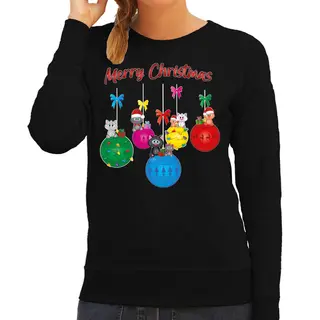 Bellatio Decorations Kersttrui / Sweater Dames - Kerstbal - Zwart - Kerstpoes / Kat - Merry Christmas M