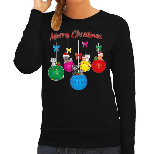Bellatio Decorations Kersttrui / Sweater Dames - Kerstbal - Zwart - Kerstpoes / Kat - Merry Christmas M thumbnail