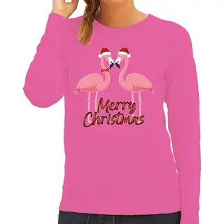 Bellatio Decorations Foute Kersttrui / Sweater Voor Dames - Merry Christmas - Flamingo - Roze - Tropische Kerst - Dieren Xs
