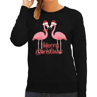 Bellatio Decorations Foute Kersttrui/sweater Voor Dames - Merry Christmas - Flamingo - Zwart - Tropische Kerst M