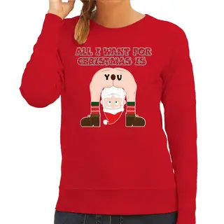 Bellatio Decorations Foute Kersttrui/sweater Voor Dames - All I Want Is - Rood - Blote Kont - Kerstman S
