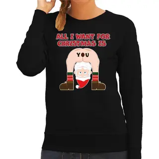 Bellatio Decorations Foute Kersttrui/sweater Voor Dames - All I Want Is - Zwart - Blote Kont - Kerstman S