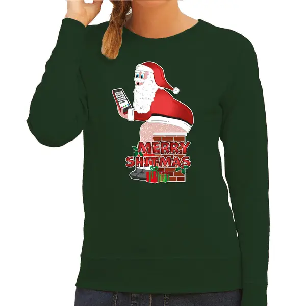 Bellatio Decorations Foute Kersttrui/sweater Voor Dames - Merry Shitmas - Groen - Kerstman Op De Wc Xs thumbnail