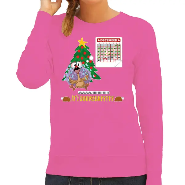 Bellatio Decorations Foute Kersttrui/sweater Voor Dames -doomsday - Roze - Kalkoen - Kerstfeest Xs thumbnail