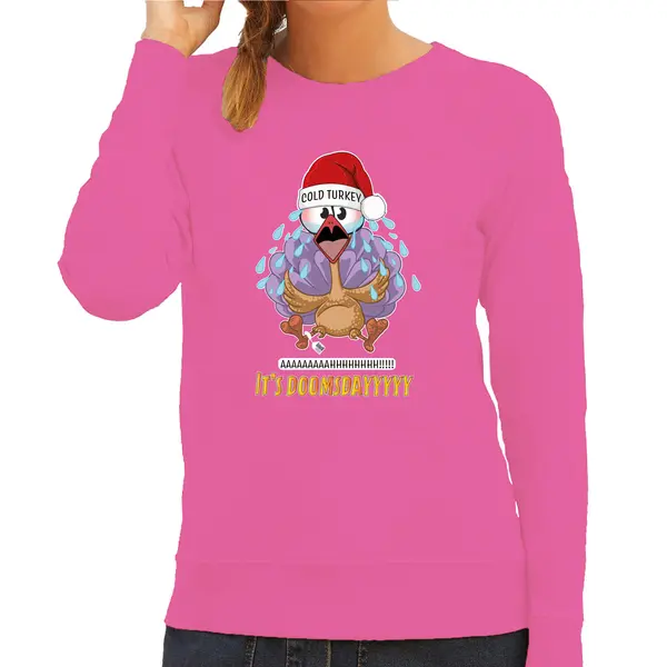 Bellatio Decorations Foute Kersttrui/sweater Voor Dames - Cold Turkey - Roze - Doomsday - Kerstfeest S thumbnail