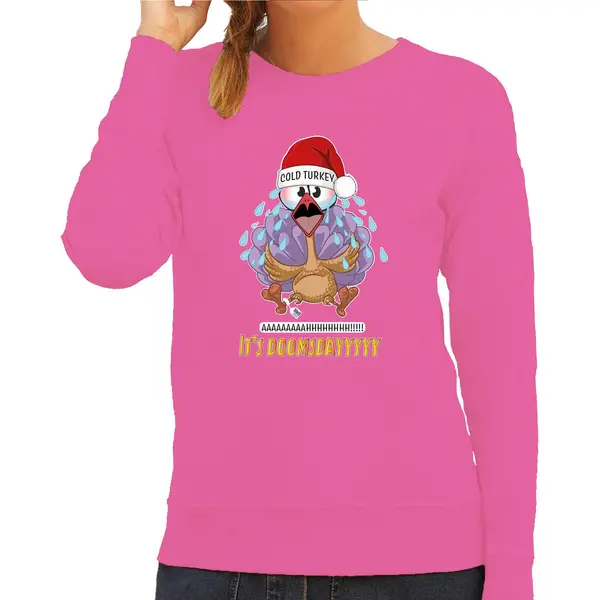 Bellatio Decorations Foute Kersttrui/sweater Voor Dames - Cold Turkey - Roze - Doomsday - Kerstfeest L thumbnail