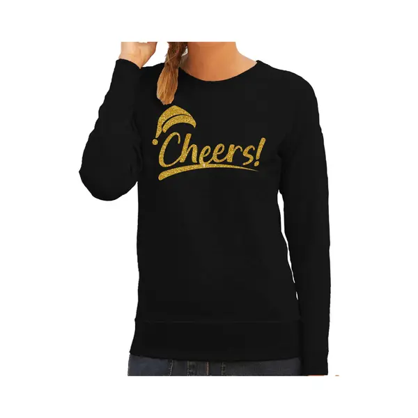 Bellatio Decorations Foute Kersttrui/sweater Dames - Cheers - Zwart - Glitter Goud - Kerstman Xl thumbnail