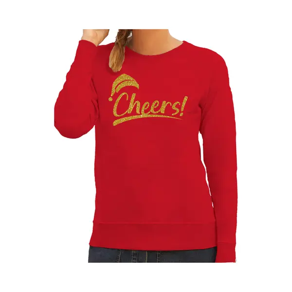 Bellatio Decorations Foute Kersttrui/sweater Dames - Cheers - Rood - Glitter Goud - Kerstman M thumbnail