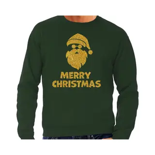 Bellatio Decorations Foute Kersttrui / Sweater - Voor Heren - Merry Christmas - Groen - Glitter Goud - Kerstman Xl