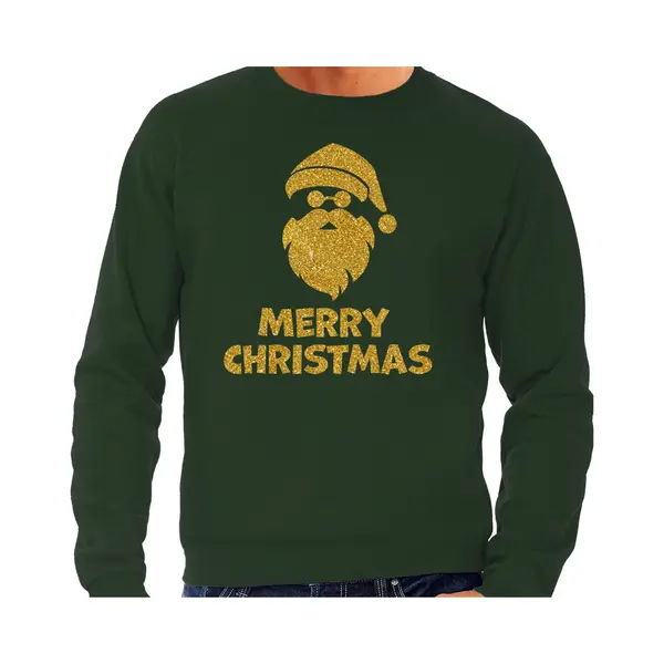 Bellatio Decorations Foute Kersttrui / Sweater - Voor Heren - Merry Christmas - Groen - Glitter Goud - Kerstman Xl thumbnail