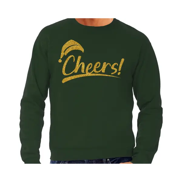 Bellatio Decorations Foute Kersttrui / Sweater Voor Heren - Cheers! - Groen - Glitter Goud - Kerstfeest S thumbnail