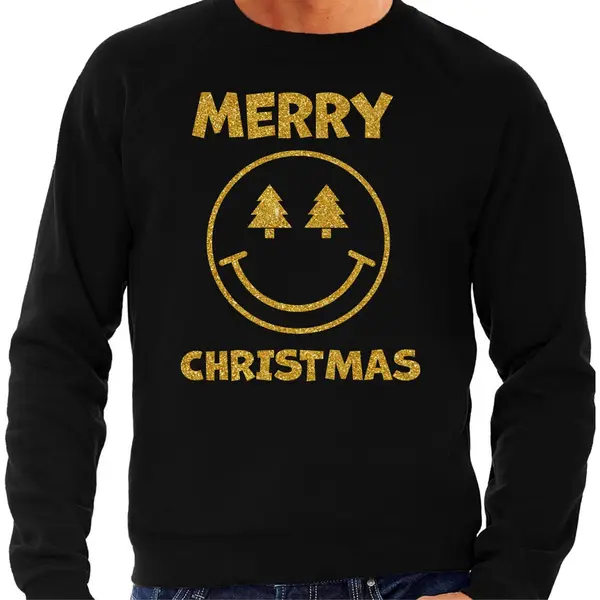 Bellatio Decorations Foute Kersttrui/sweater Voor Heren - Merry Christmas - Zwart - Glitter Goud - Smile / Emoticon S thumbnail