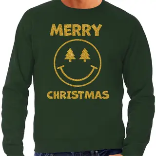 Bellatio Decorations Foute Kersttrui/sweater Voor Heren - Merry Christmas - Groen - Glitter Goud - Smile / Emoticon S