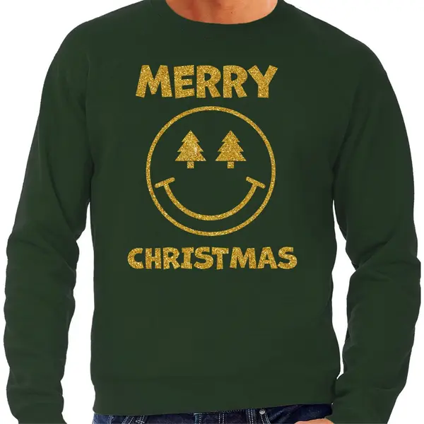 Bellatio Decorations Foute Kersttrui/sweater Voor Heren - Merry Christmas - Groen - Glitter Goud - Smile / Emoticon S thumbnail