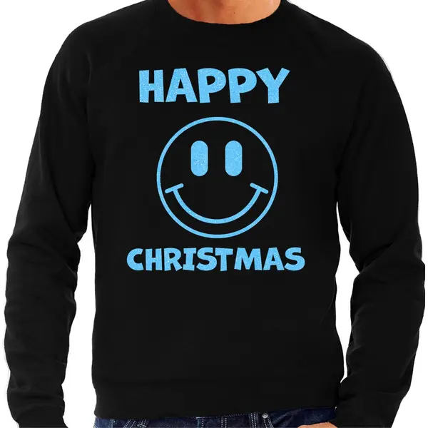 Bellatio Decorations Foute Kersttrui/sweater Voor Heren - Happy Christmas - Zwart - Glitter Blauw - Smile / Emoticon S thumbnail