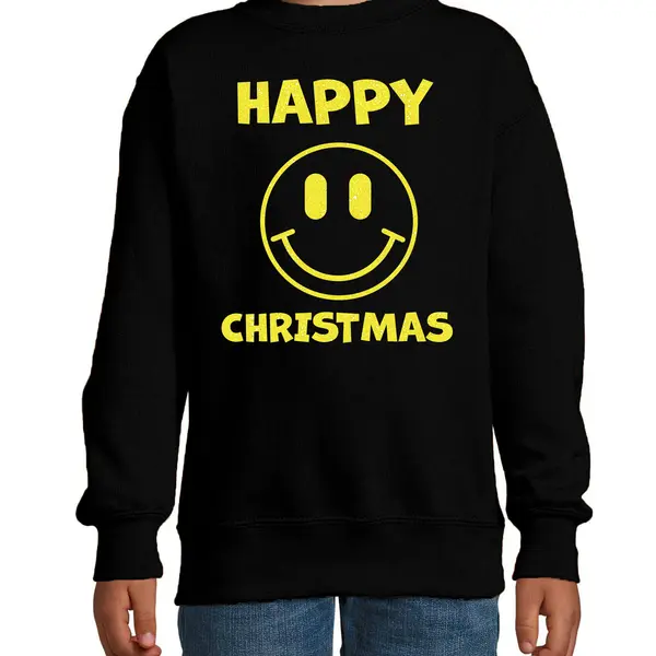 Bellatio Decorations Kersttrui Jongens/meisjes - Happy Christmas - Zwart - Smile / Emoticon - Glitter Geel 98/104 thumbnail