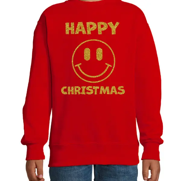 Bellatio Decorations Kersttrui Jongens/meisjes - Happy Christmas - Rood - Smile / Emoticon - Glitter Goud 122/128 thumbnail