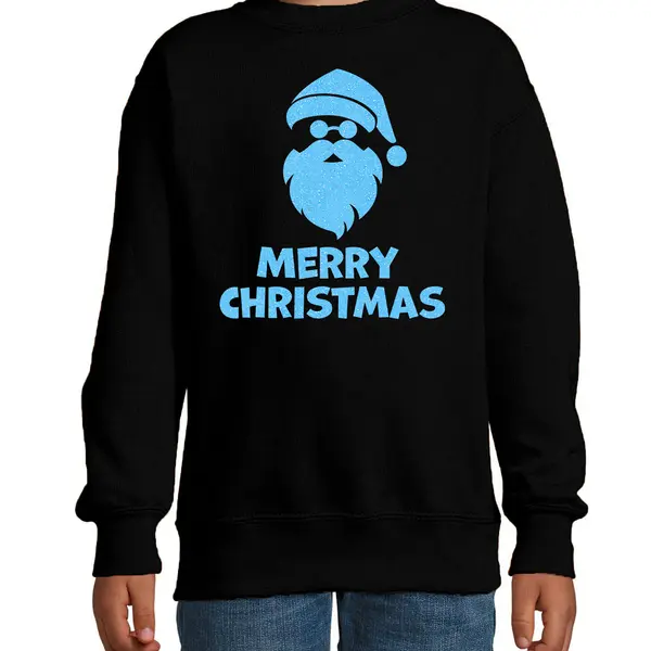 Bellatio Decorations Kersttrui Voor Jongens/meisjes - Merry Christmas - Zwart - Glitter Blauw 98/104 thumbnail