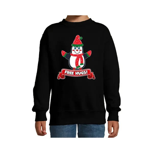 Bellatio Decorations Kersttrui/sweater Voor Jongens/meisjes - Free Hugs - Zwart - Kerst Pinguin 122/128 thumbnail