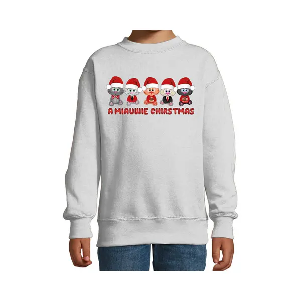 Bellatio Decorations Kersttrui/sweater Voor Jongens/meisjes - Miauwie Christmas - Grijs - Kerst Poesjes 170/176 thumbnail