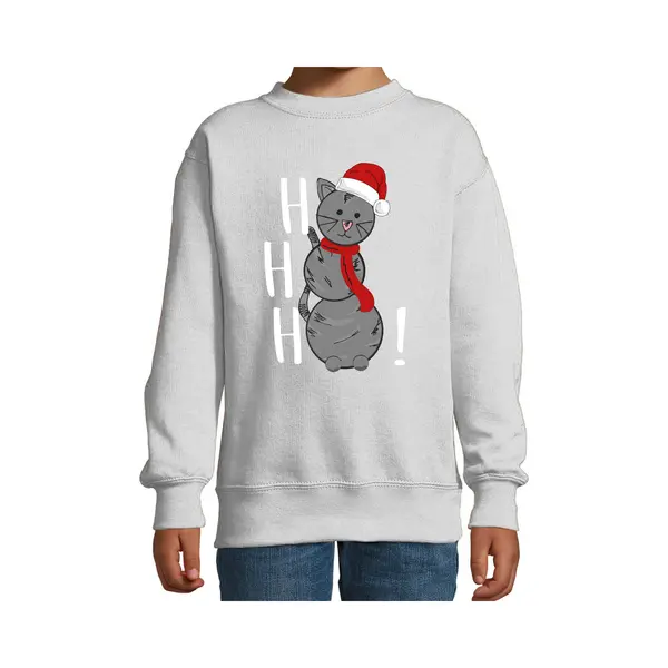 Bellatio Decorations Kersttrui/sweater Voor Jongens/meisjes - HoHoHo - Grijs - Sneeuwpop Poesje 98/104 thumbnail