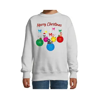 Bellatio Decorations Kersttrui/sweater Voor Jongens/meisjes - Kerstballen - Grijs - Poesjes - Merry Christmas 152/164