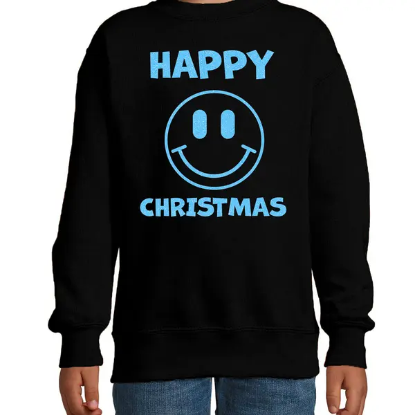 Bellatio Decorations Kersttrui Jongens/meisjes - Happy Christmas - Zwart - Smile / Emoticon - Glitter Blauw 134/146 thumbnail