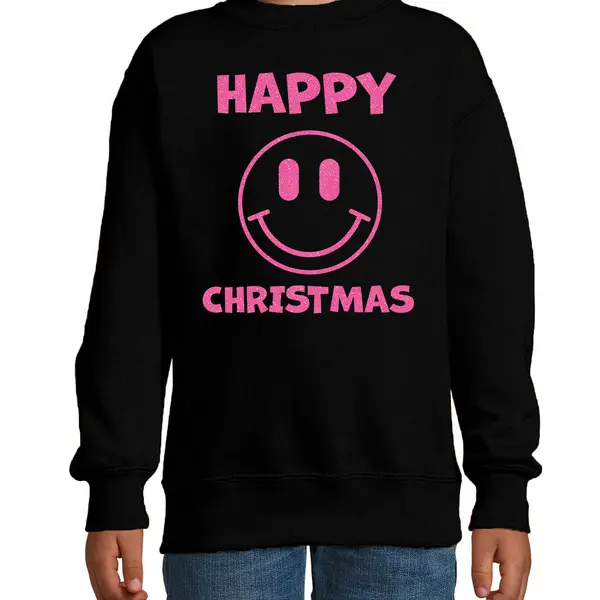 Bellatio Decorations Kersttrui Jongens/meisjes - Happy Christmas - Zwart - Smile / Emoticon - Glitter Roze 98/104 thumbnail