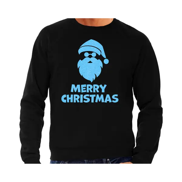 Bellatio Decorations Foute Kersttrui/sweater Voor Heren - Merry Christmas - Zwart - Glitter Blauw - Kerstman L thumbnail