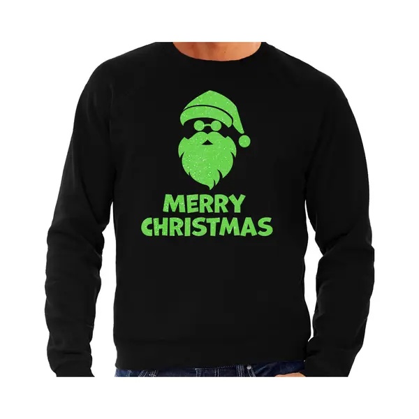 Bellatio Decorations Foute Kersttrui/sweater Voor Heren - Merry Christmas - Zwart - Glitter Groen - Kerstman Xxl thumbnail